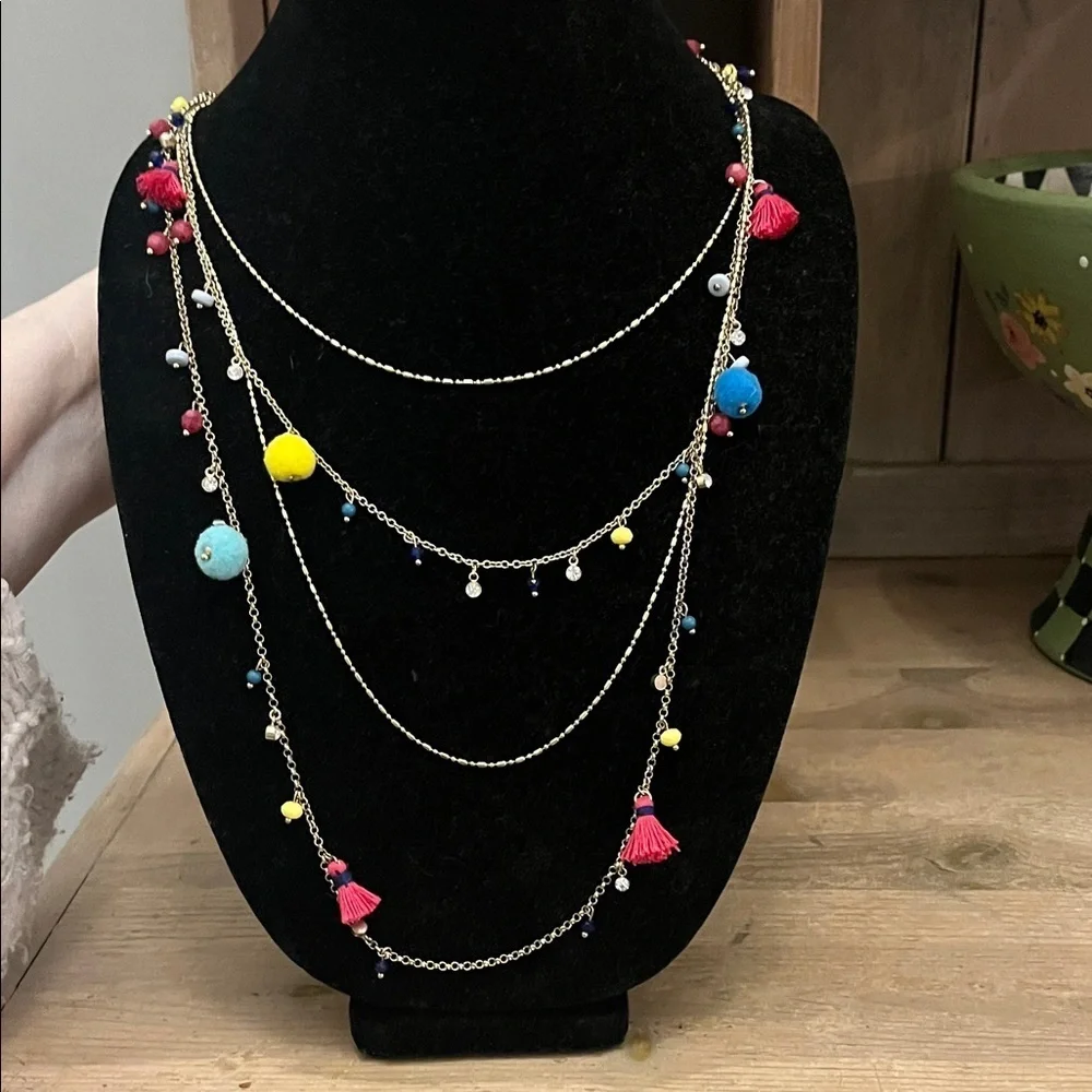 INC Colorful Multilayered Novelty Necklace Tassels Pompoms Beads Boho Fun